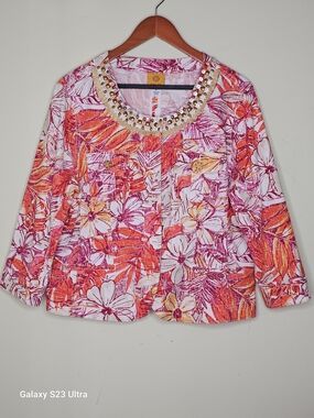 Ruby Rd. Embellished Tropical Floral Jacket in Pink & Orange